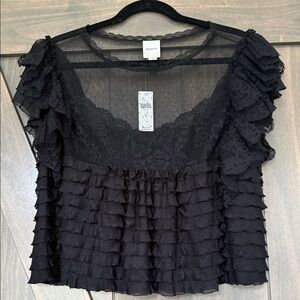 Maeve -Anthropologie Black Ruffled Lace Blouse